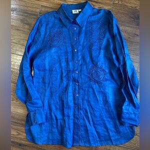 VTG Carry Back 100% Linen Button Up Beaded Embroidered Women’s 12 Shirt L top